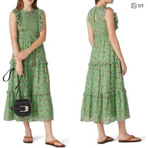 XL Banjanan Iris ruffle green+pink midi dress with tiered skirt.Siesta Bud print